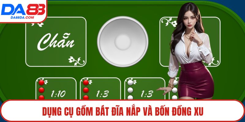 Dụng cụ gồm bát đĩa nắp và bốn đồng xu